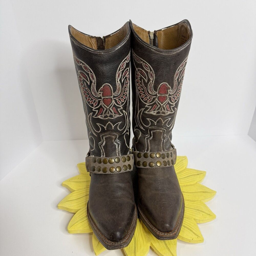 Freebird Ranch Boots Womens 7 Brown Leather Studded Western Eagle EUC‎ Box